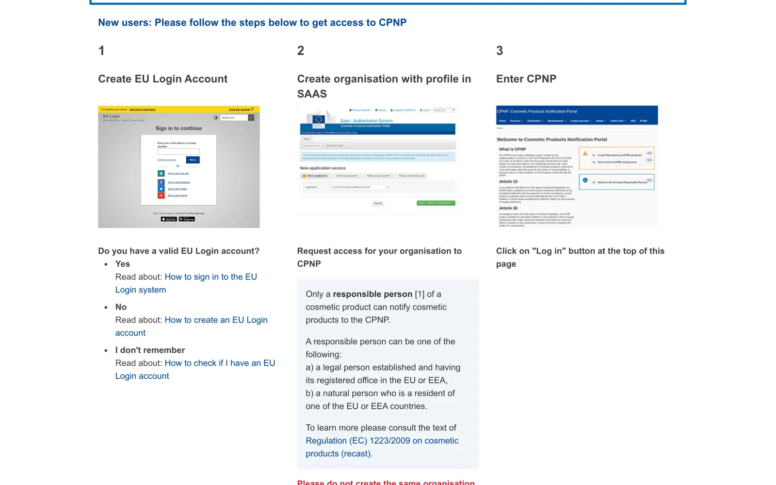 CPNP new user access steps listed on the official portal welcome page