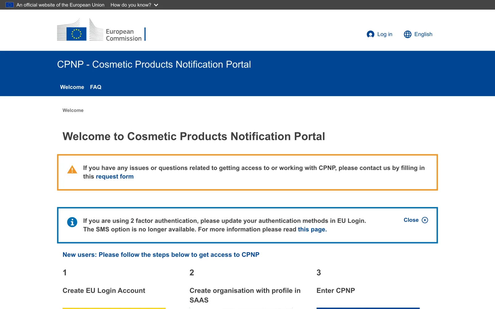 CPNP welcome page on webgate.ec.europa.eu with the European Commission masthead and login