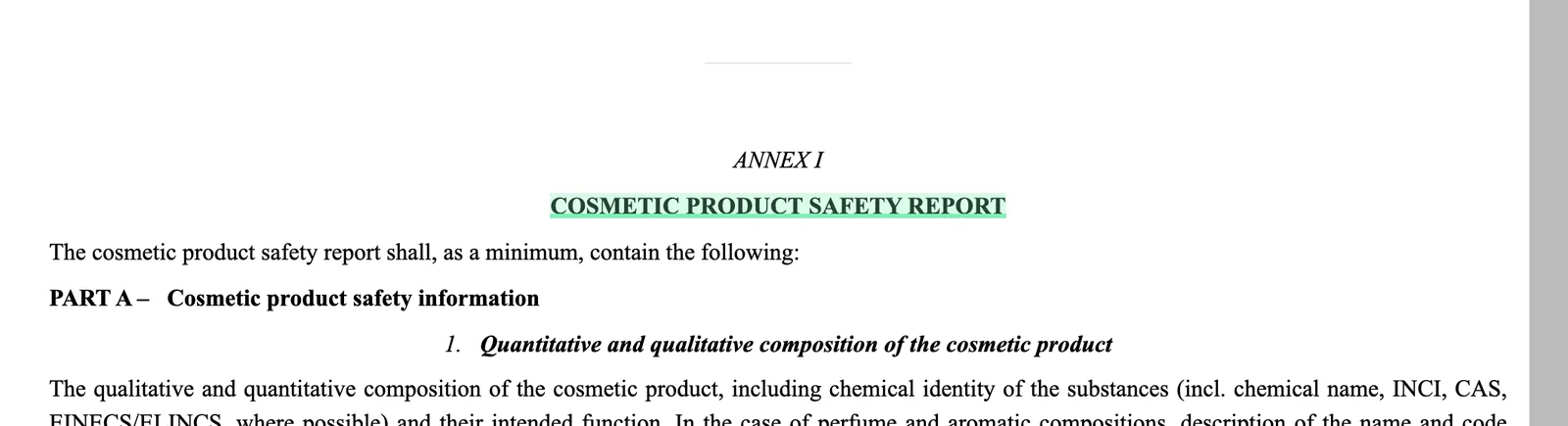 Annex I of Regulation 1223/2009 on EUR-Lex showing the Cosmetic Product Safety Report structure