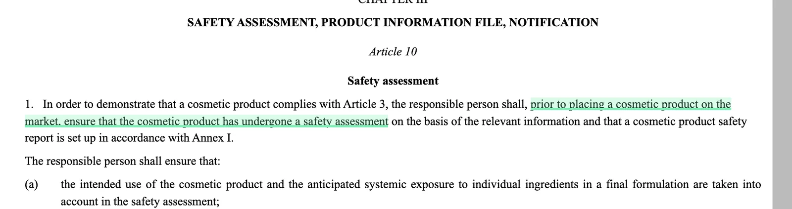 The safety assessment duty before placing on the market. Captured from the official source with the cited clause highlighted.