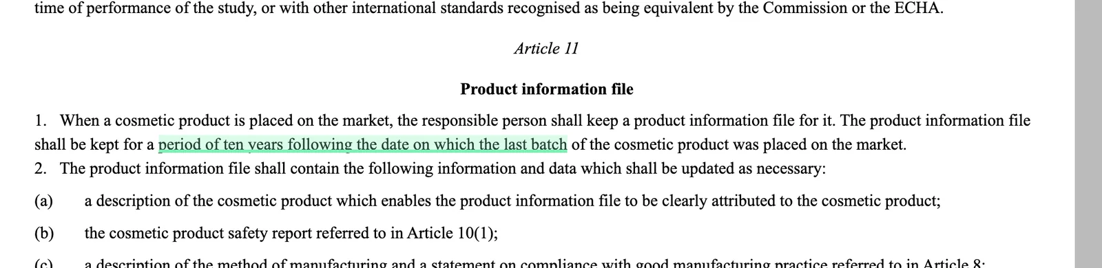 The Product Information File and its ten-year retention. Captured from the official source with the cited clause highlighted.