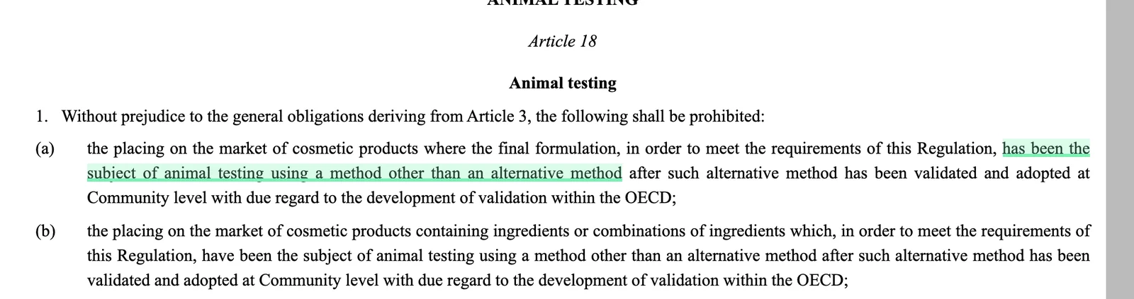 The animal testing and marketing bans. Captured from the official source with the cited clause highlighted.