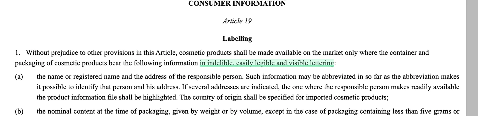 The labelling particulars and lettering requirement. Captured from the official source with the cited clause highlighted.