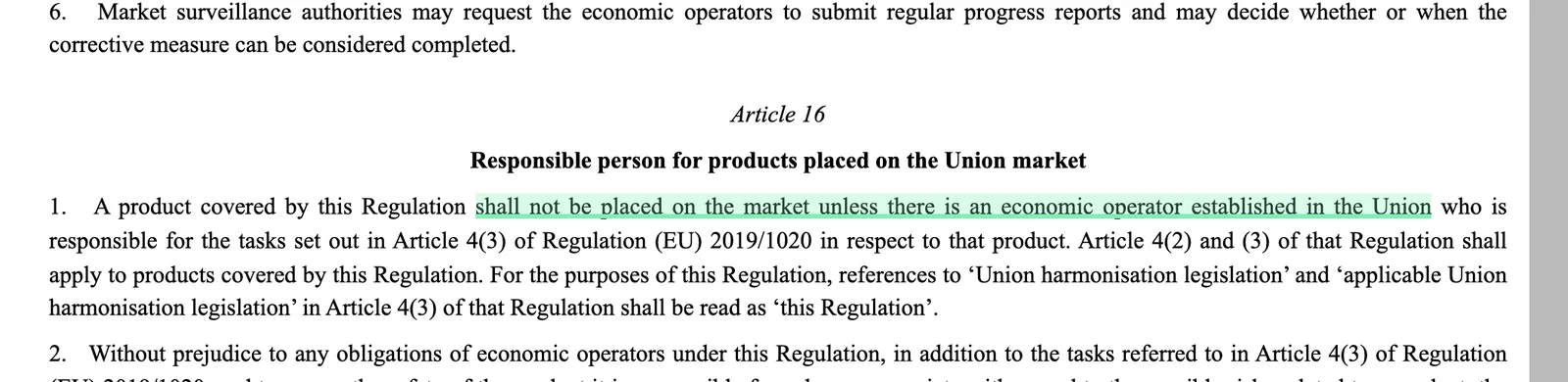 No placing on the EU market without an EU-established economic operator. Captured from the official source with the cited clause highlighted.