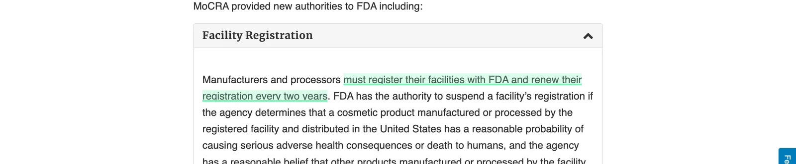 Facility registration with biennial renewal under MoCRA. Captured from the official source with the cited clause highlighted.