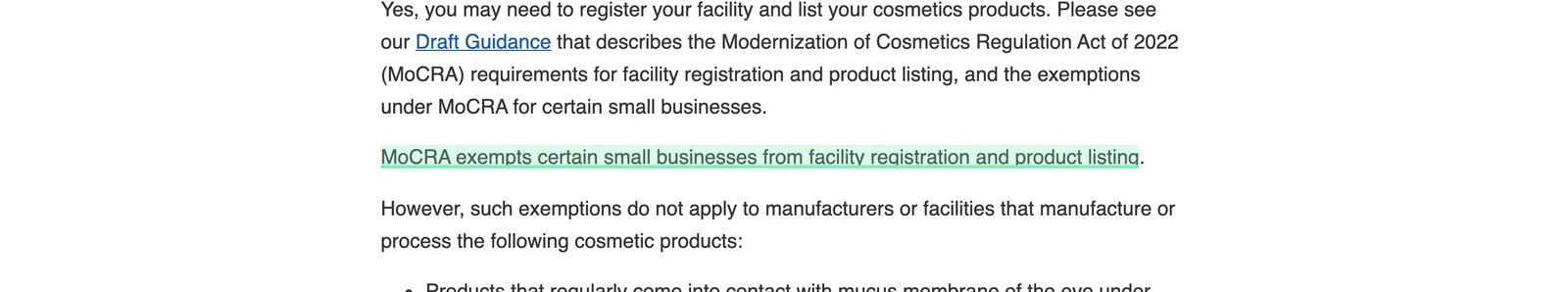 The MoCRA small-business exemption from registration and listing. Captured from the official source with the cited clause highlighted.