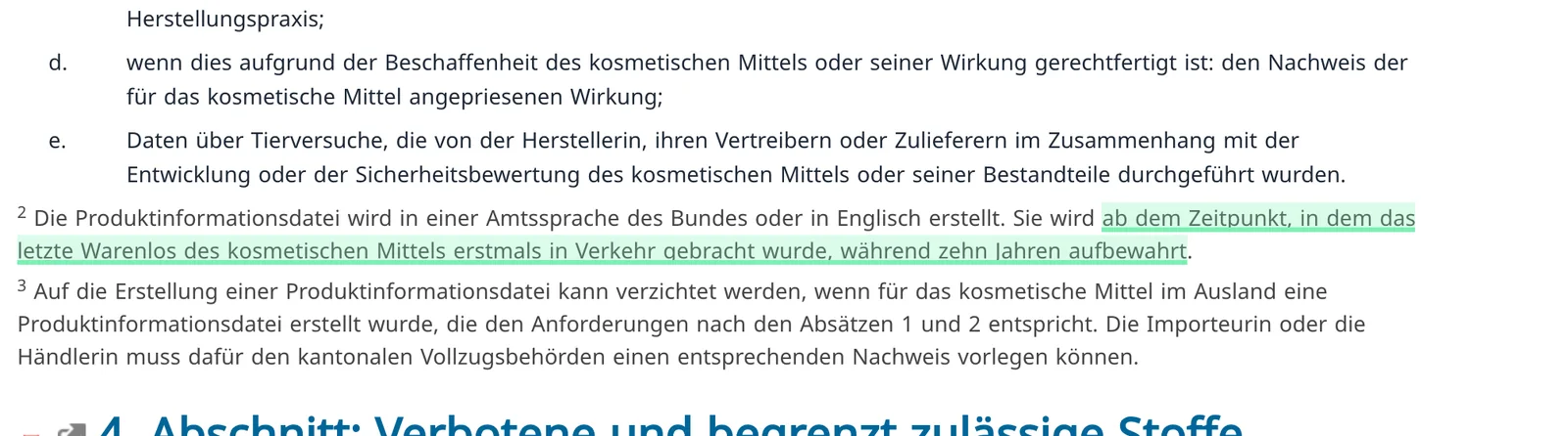 The ten-year retention rule for the Produktinformationsdatei. Captured from the official source with the cited clause highlighted.
