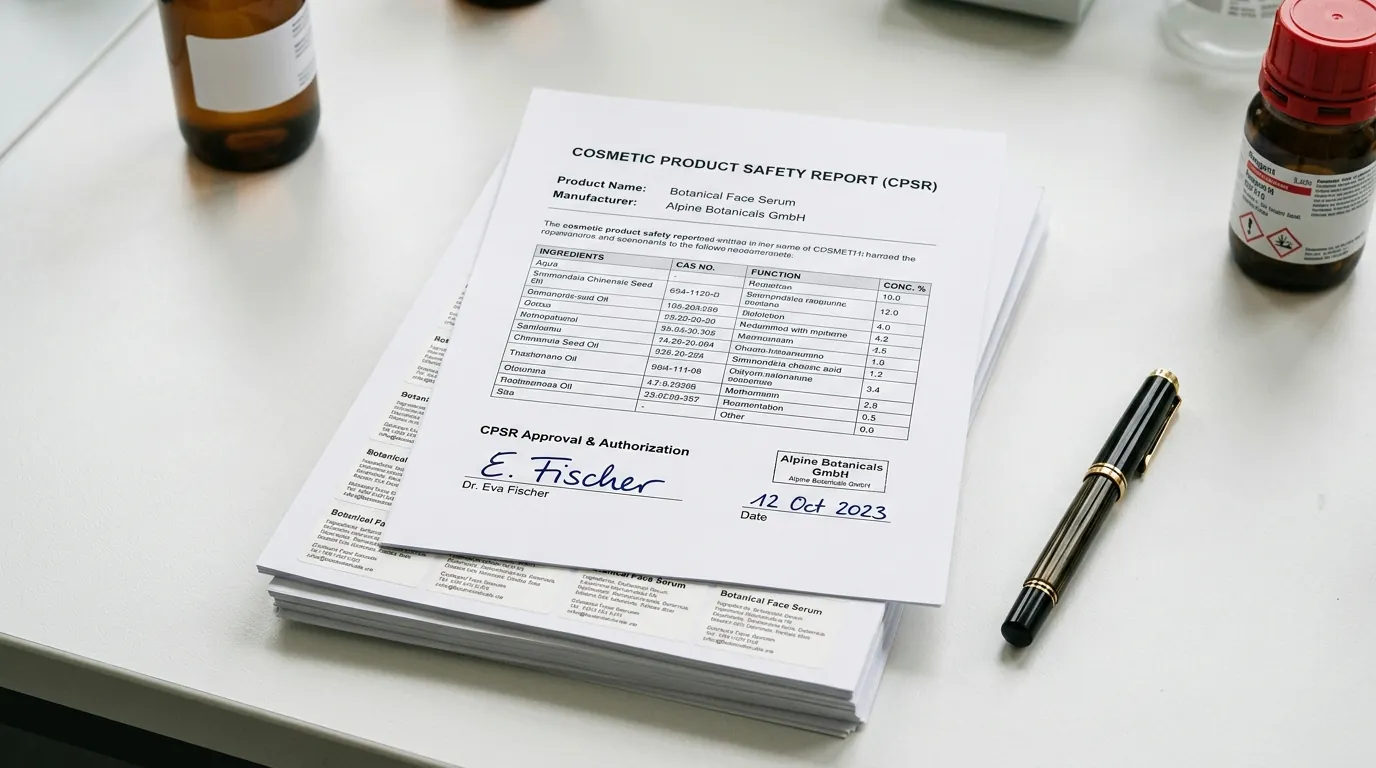 Signed safety report and INCI labels on a desk in Switzerland