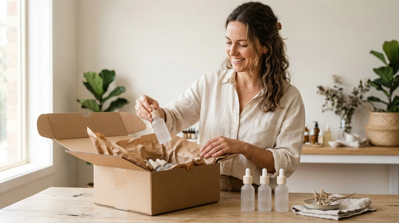 Founder unpacking a new cosmetics range in a bright studio