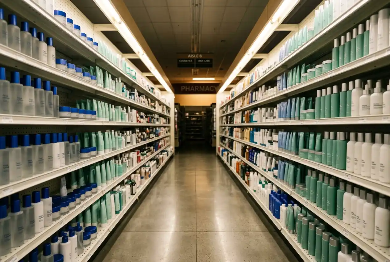EU pharmacy shelf with cosmetic products