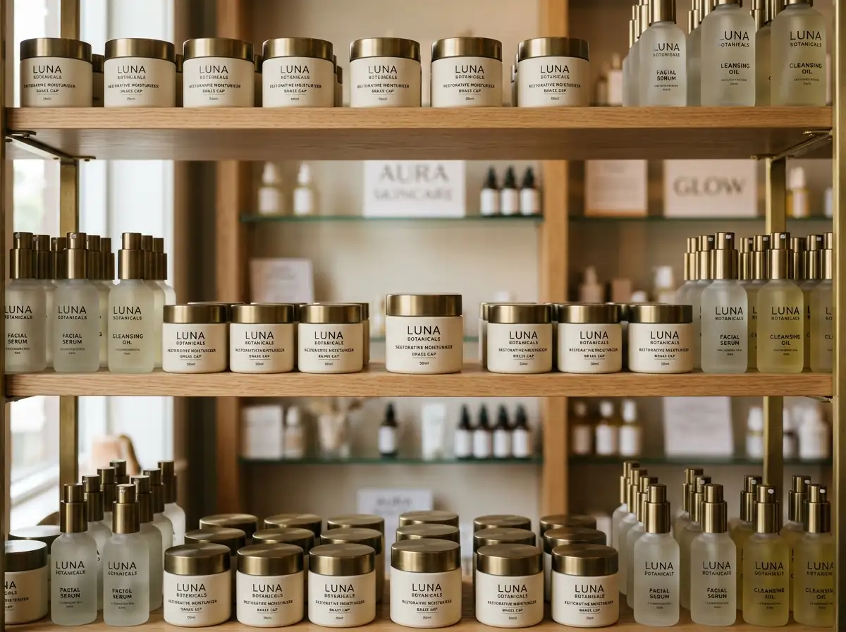 Swiss pharmacy cosmetics shelf in alpine light
