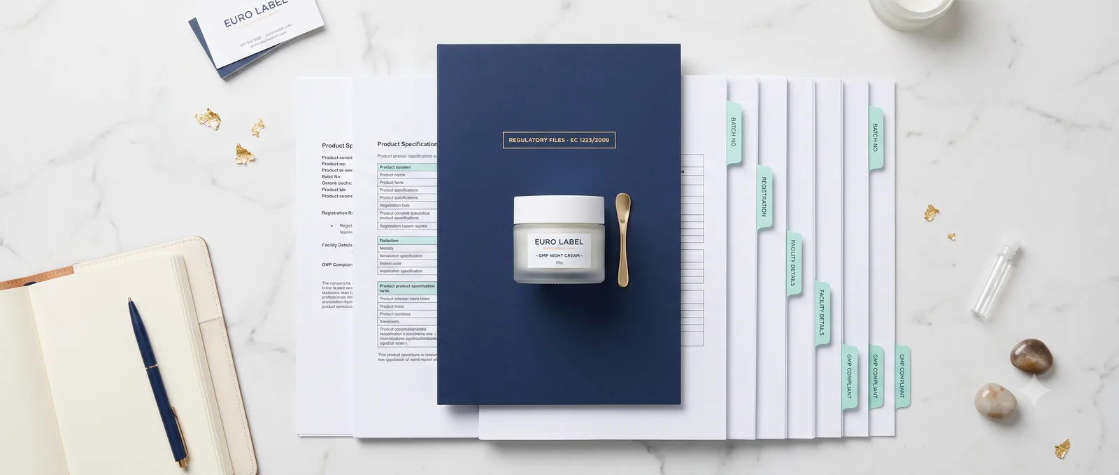 Regulatory dossier open beside a cosmetic product