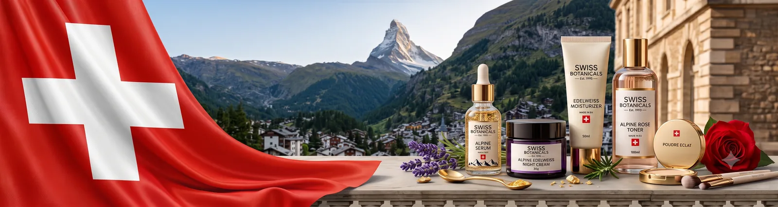 Swiss market, lakeside town below alpine peaks